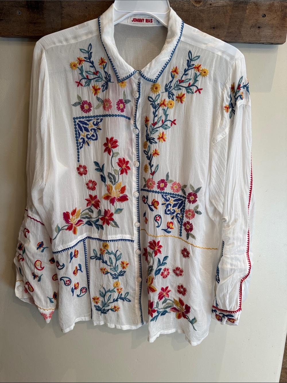 Johnny Was White Embroidered Floral Button-Down Shirt